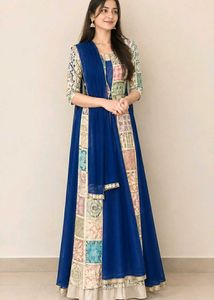 Stunning Blue Patchwork Ethnic Gown