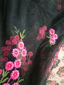 Elegant Black Saree with Pink Floral Print