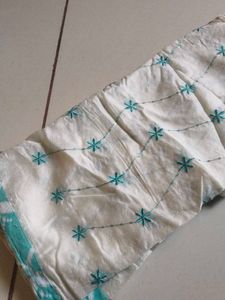Embroidered White Dupatta with Teal Accents