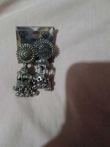Oxidized Silver Jhumka Earrings Set