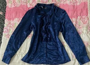 Elegant Navy Blue Ruffle Shirt