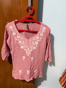 Pink Embroidered Cotton Kurti