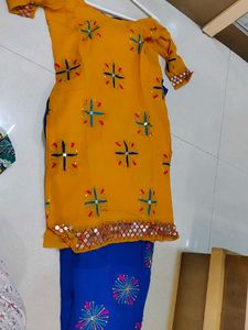 Yellow Embroidered Kurta Set with Blue salwar