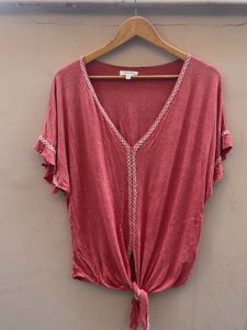 Women's Pink Lace Trim Tie-Front Top