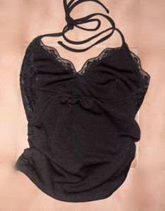 Black Lace Halter Neck Ruched Top