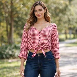 Red Gingham Tie-Front Crop Top
