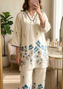White Floral Print Kurta Set