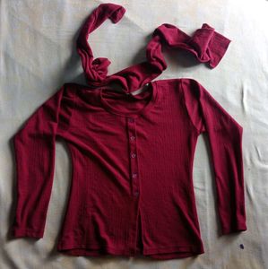 Chic Maroon Button-Up Top with Scarf