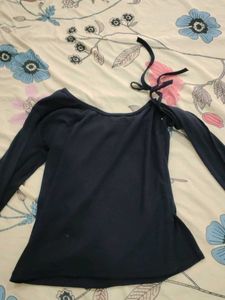 Navy Blue Tie-Up Off-Shoulder Top