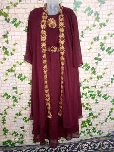 Maroon Dress Set with Gold Embellishments