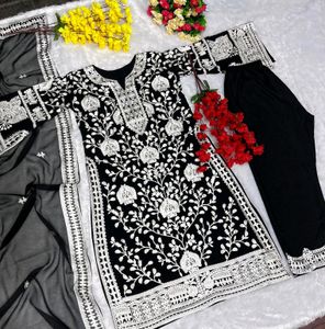 Black Heavy Georgette Top with Work Plazzo Suit