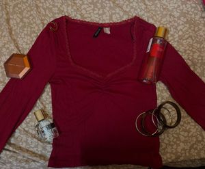 burgundy Lace Trim Long Sleeve Top