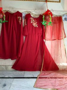 Red Embroidered Anarkali With Plazzo And Duppata