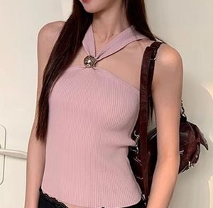 Chic Pink Ribbed Halter Neck Top
