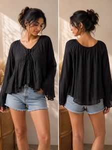 Chic Black Textured Long Sleeve Top