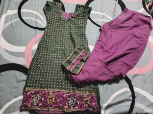 Green Kurta Set with Purple Pants