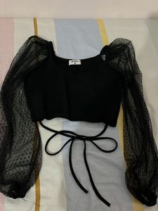 Black Sheer Sleeve Crop Top