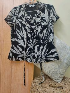 Beautiful Shirt Top, V-neck, Black & Off White, Tie Up At Waist, Inner Lining.