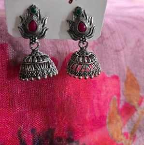 Oxidized Jhumka Earrings with Red & Green Stones