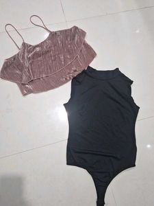 Chic Velvet Ruffle Top &amp; Black Bodysuit Set