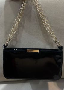 Chic Black Patent Clutch with Gold Chain