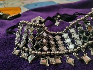 Silver Oxidised Mirror Necklace &amp; Earring Set
