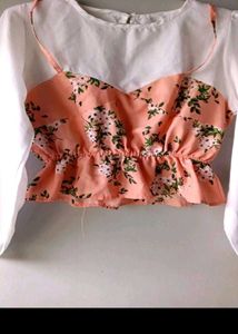 Cute Floral Crop Top with Sheer Sleeves