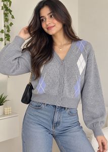 Grey Argyle Knit Cardigan