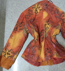 Orange Whimsical Paisley Print Corduroy Jacket