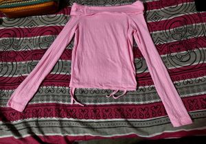 Pink Off-Shoulder Ribbed Top