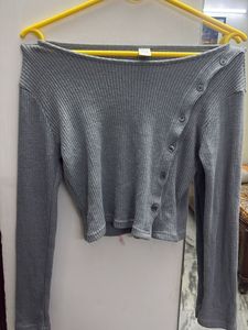 Grey Ribbed Button-Up Long Sleeve Top