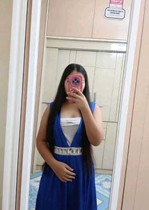 Blue A-line Dress with Silver Belt