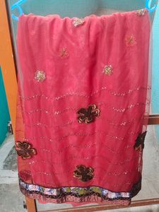Brick Red Designer Partly Pallu Saree