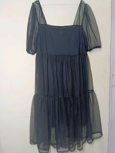 Elegant Black Mesh Puff Sleeve Dress