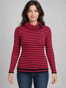 Striped Turtleneck Top with Button Detail