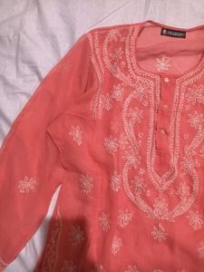 Coral Elegance Embroidered Kurti 🧡🌿