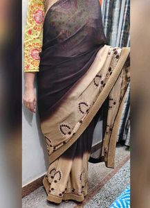 Elegant Brown &amp; Beige Embroidered Sari