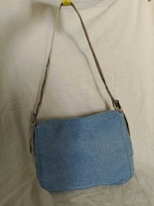 Denim Shoulder Bag with Snake Print Accent