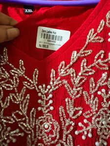 Red satin white sequience  A-line dress