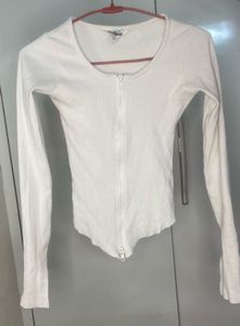 White Long Sleeve Zip-Up Top