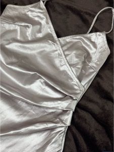 Light Silver Satin Ruched Slip Dress