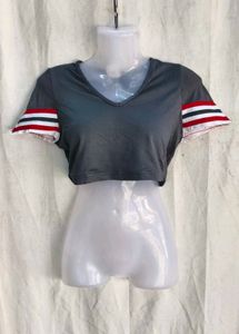 Grey Cropped V-Neck Top with Striped Sleeves