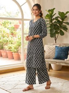 Stylish Black & White Printed Kurta Palazzo Set