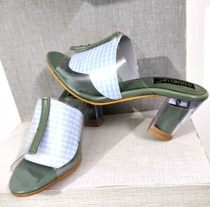 Green 💚 Block Heel Slides, Clear Straps,