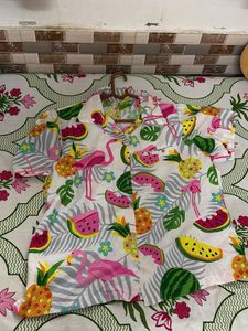 Fun Flamingo &amp; Fruit Print Button-Up Top