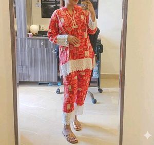 Red Block Print Kurta Set with Lace Trim
