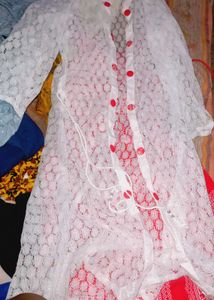 Red Printed Dress with White Lace Jacket Set