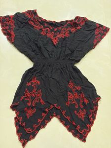 Black Asymmetrical Kurta with Red Embroidery