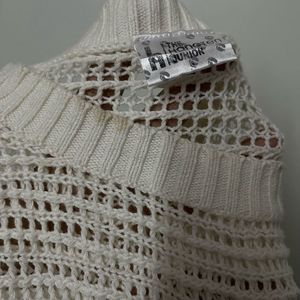 Cream Drop-shoulder Mesh Knit Sweater Top