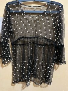 Sheer Polka Dot Bell Sleeve Top